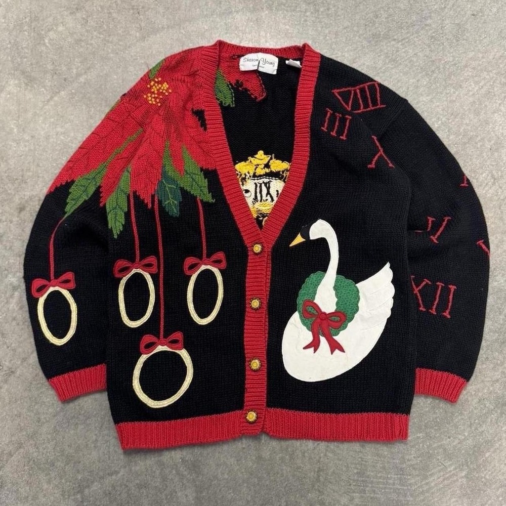 Sharon Young Vintage Holiday Cardigan Sweater Swan Poinsettia Ornament Black S
